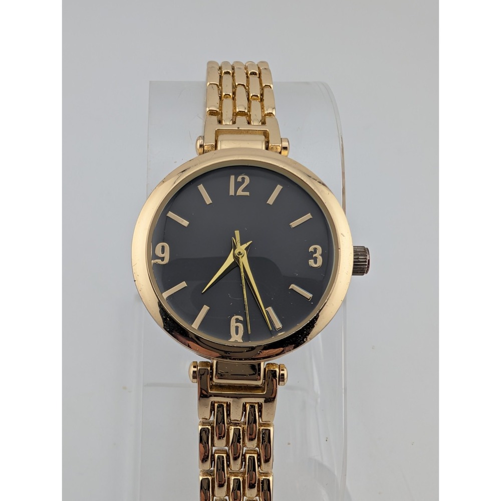 Time and Tru Watch Women 25mm Case Gold 7" Band Black Dial- New Battery